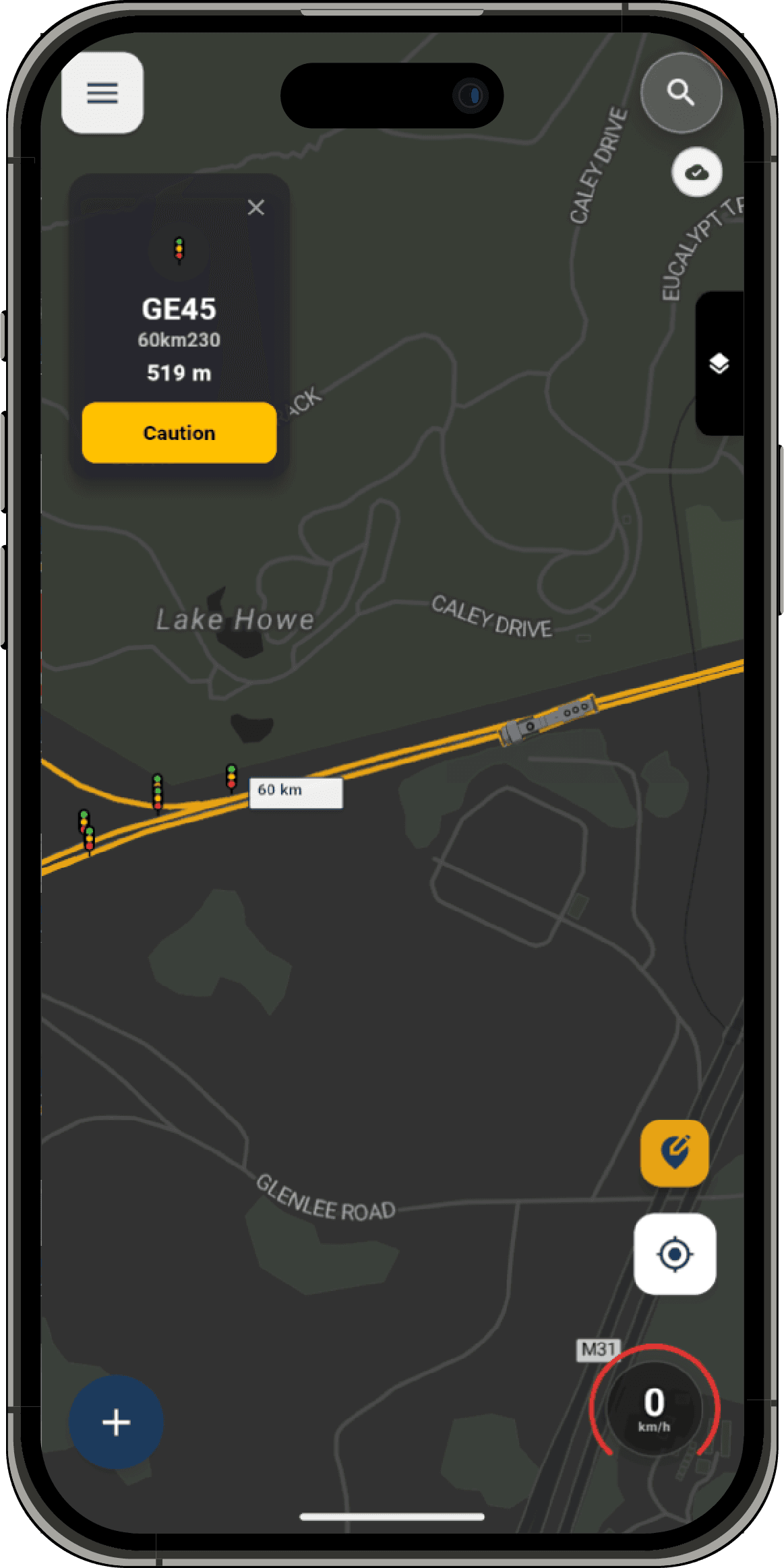 CabIQ on a phone, showing the driving map, signals along the track, and a caution alert.
